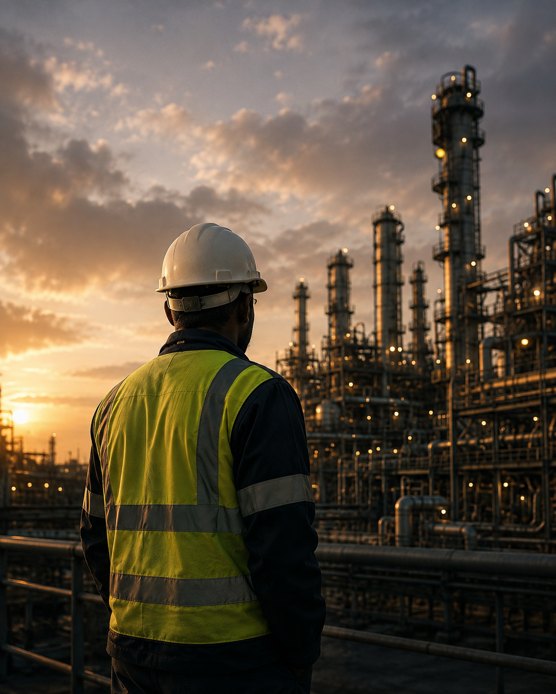 Industrial professional overlooking a refinery